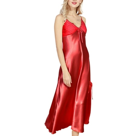 

CenturyX Ladies Sexy Faux Silk Satin Long Night Dress Sleeveless V-neck Bow Nightgown Strappy Nightdress Lace Sleepwear Nightwear Red S