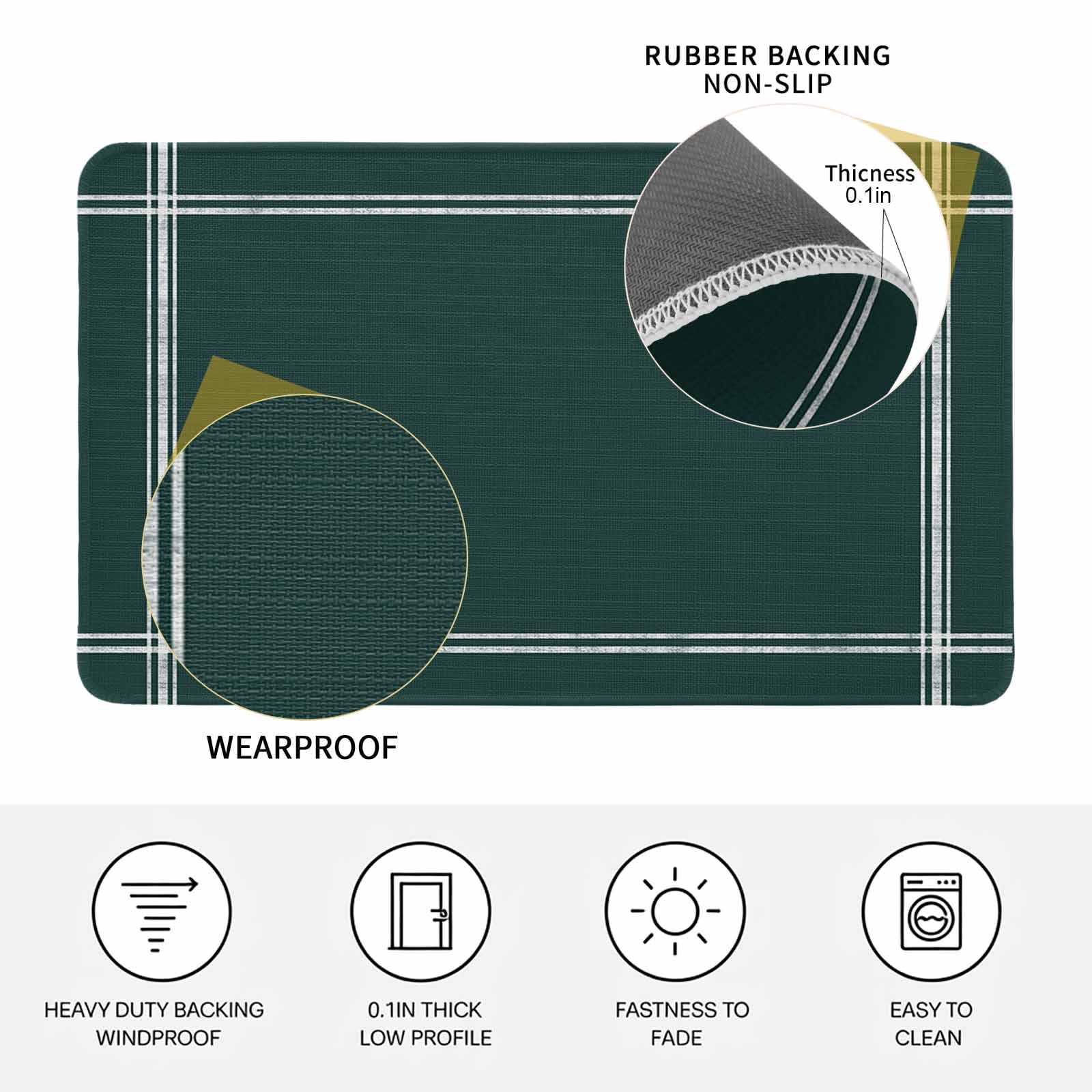Pure Dark Green Doormat Outdoor Entrance 16"x24", Simple Solid Color Absorb Moisture Dirt Door Mats, Non-Slip Rubber Backing Floor Mats Indoor, Low-Profile Front Door Rugs