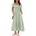 thumbnail image 3 of Women Summer Casual Square Neck Flutter Sleeve Boho Smocked A-Line Flowy Tiered Modest Midi Sun Dress with Pockets Light Green L, 3 of 7