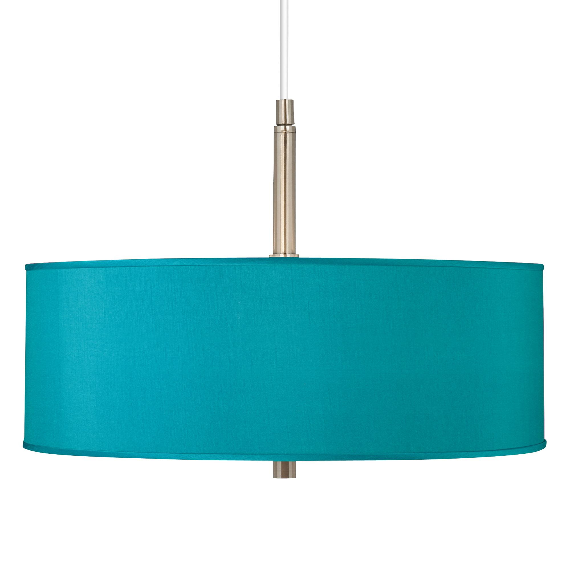 Brushed Nickel Drum Pendant Chandelier 16 Wide Modern Contemporary Teal Blue Faux Silk Shade 3-Light Fixture for Dining Room House Kitchen Bedroom Living Room High Ceilings Possini Euro Design