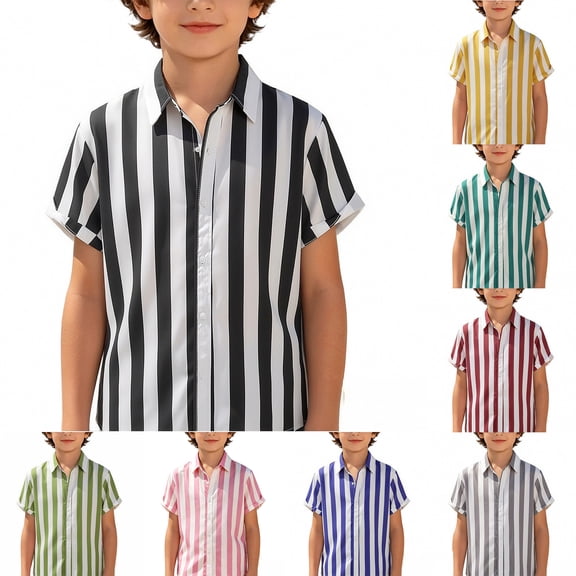Fozruso Striped Button Down Shirt for Boys, Classic Short Sleeve Collared Shirt for Kids Daily Casual Wear