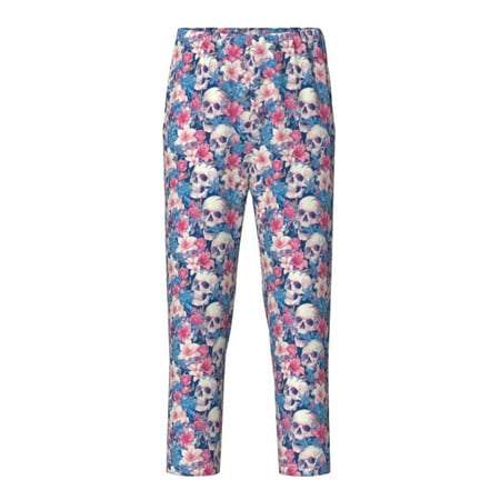 Fuzoiu white flower Skull blue Print Teenagers Pajama Pants Lounge Pants with 2 Pockets Elastic Waist Kids Sleep Bottoms Comfy Sleepwear PJ Bottoms for Kids-XS(5-6)