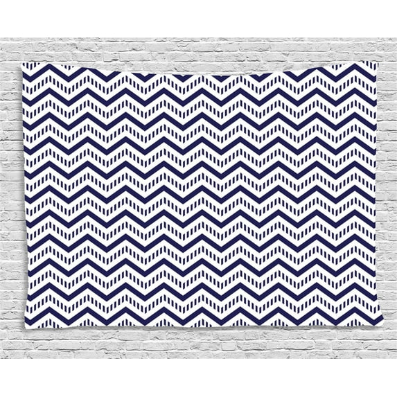 Navy Blue Decor Tapestry, Chevron Zig Zag Striped Pattern White Background Modern Art Work, Wall Hanging for Bedroom Living Room Dorm Decor, 60W X 40L Inches, Dark Blue and White, by Ambesonne