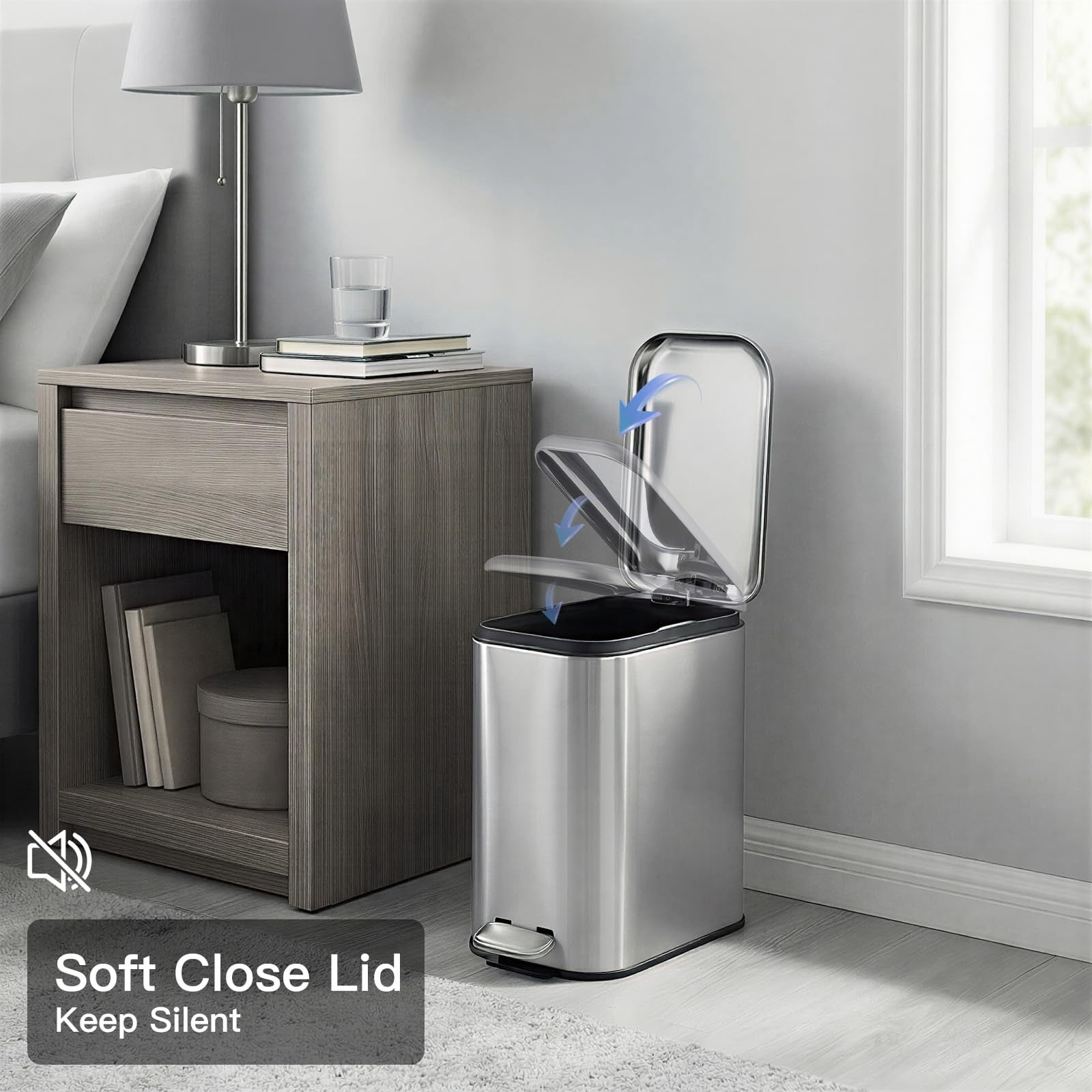 GARVEE 1.3 Gallon Bathroom Stainless Steel Trash Can, Soft Close, Silver