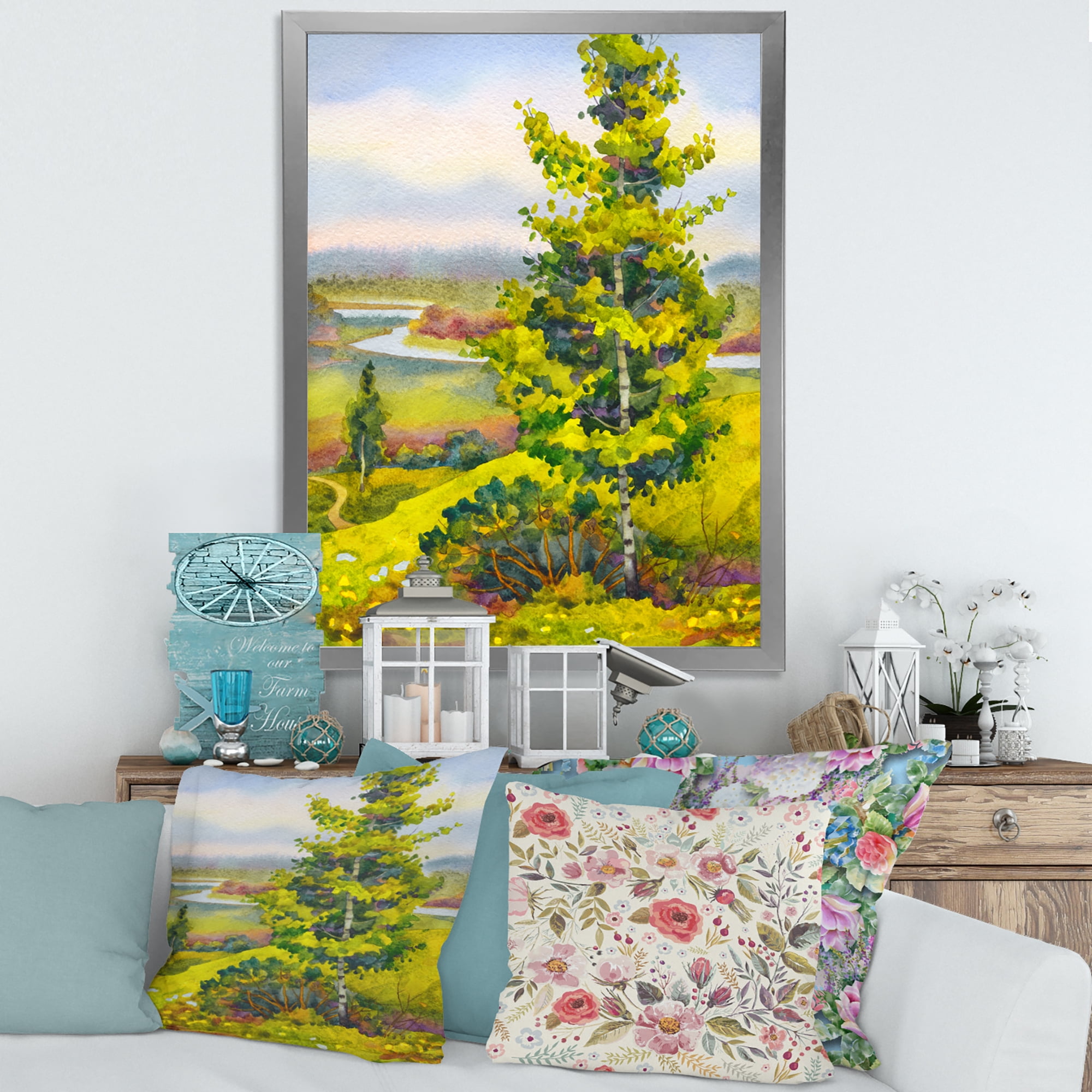 Designart 'Colorful Young Orange Betulas Along Bank Of Calm Bay' Lake House Framed Art Print