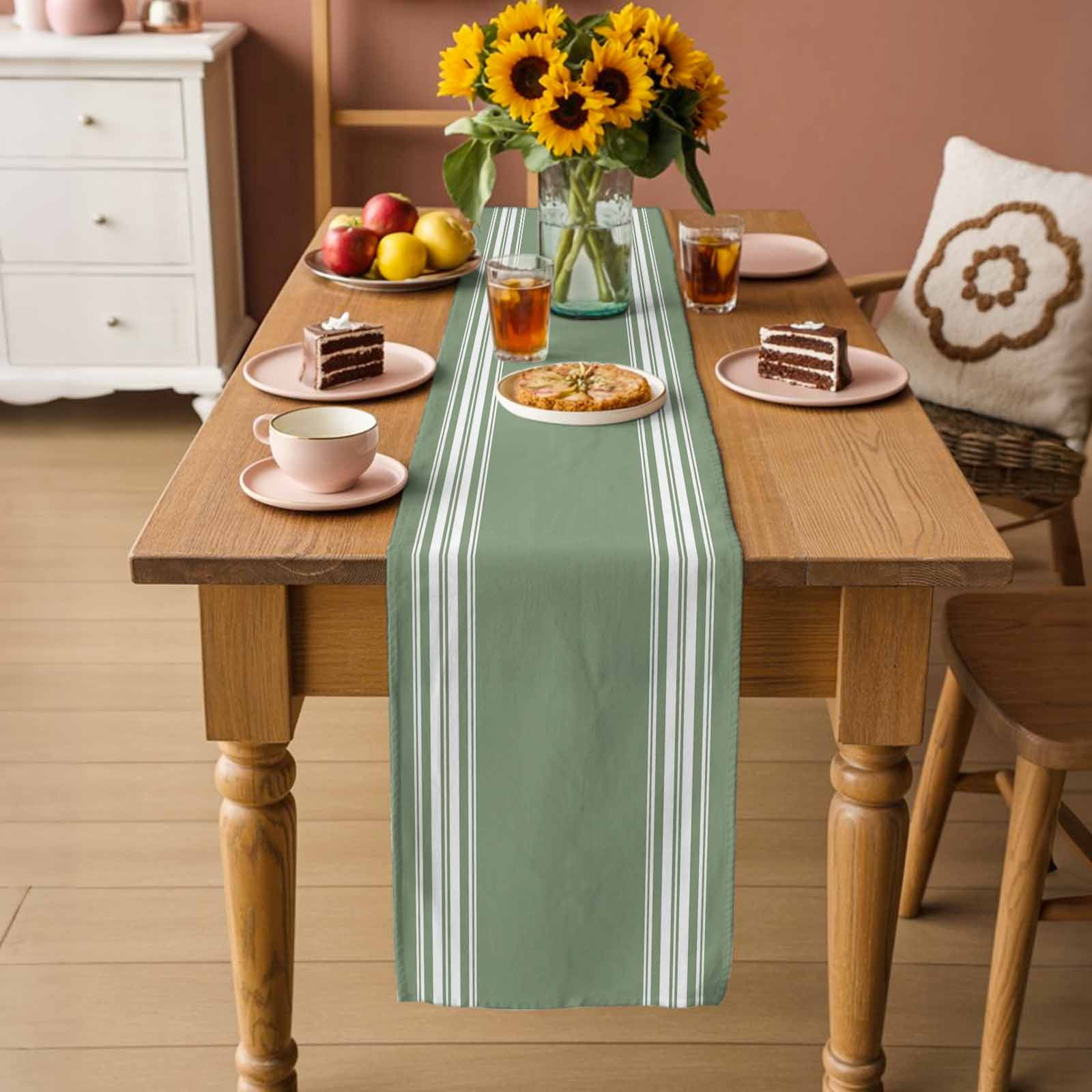 Dark Sage Green Table Runner, Farmhouse Sage Green White Striped Washable Cotton Linen Table Runners 60 Inches Long, Dresser Scarf Runner for Coffee/TV Stands/Kitchen/Cabinets 13''x60''