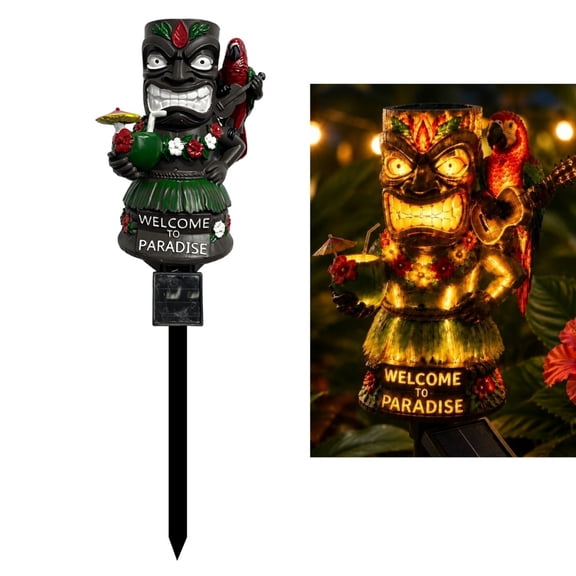 Solar-Powered Tiki Garden Statue with Parrot Light, Waterproof Outdoor Solar Stake Light Tropical Yard Decor for Patio, Lawn, Pathway Flower Bed, Unique Gift for Gardeners