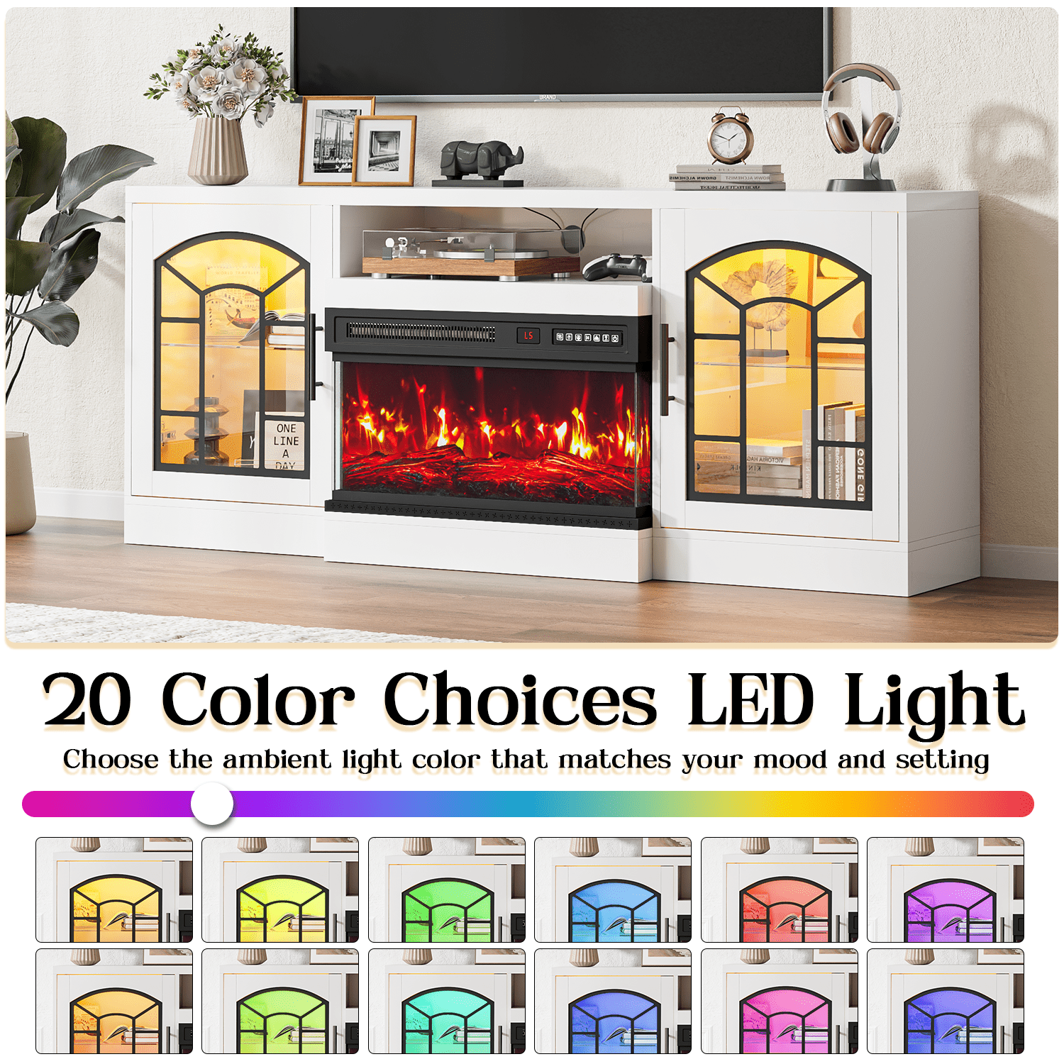 Waleaf 60" TV Stand with 3-Sided Glass Electric Fireplace, Modern Media Entertainment Center for TVs up to 65", Slim Wood Console with 21-Mode LED Lights & Adjustable Shelves