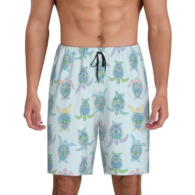 Balery Sea Turtle Pantalones cortos de pijama de punto de algodón para hombre con cinturilla y bolsillos-Large