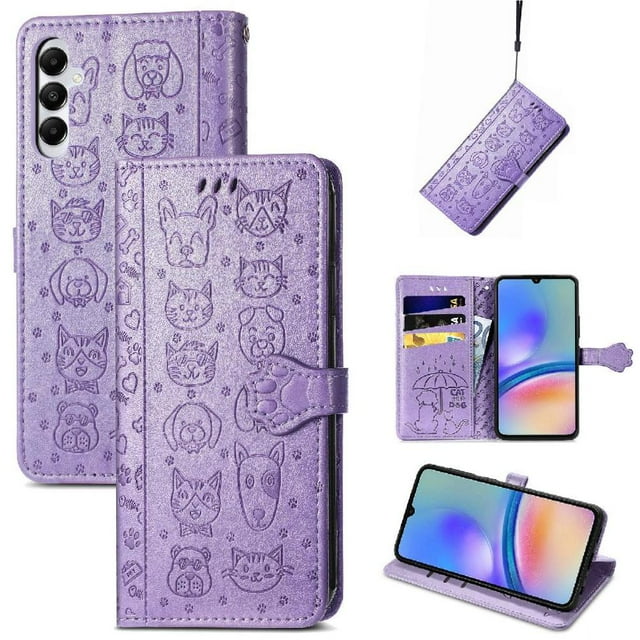 Funda Cartera FOXDOCK para Samsung Galaxy A05S , Flip PU con Relieve de Gatos y Perros, Tarjetero y Soporte