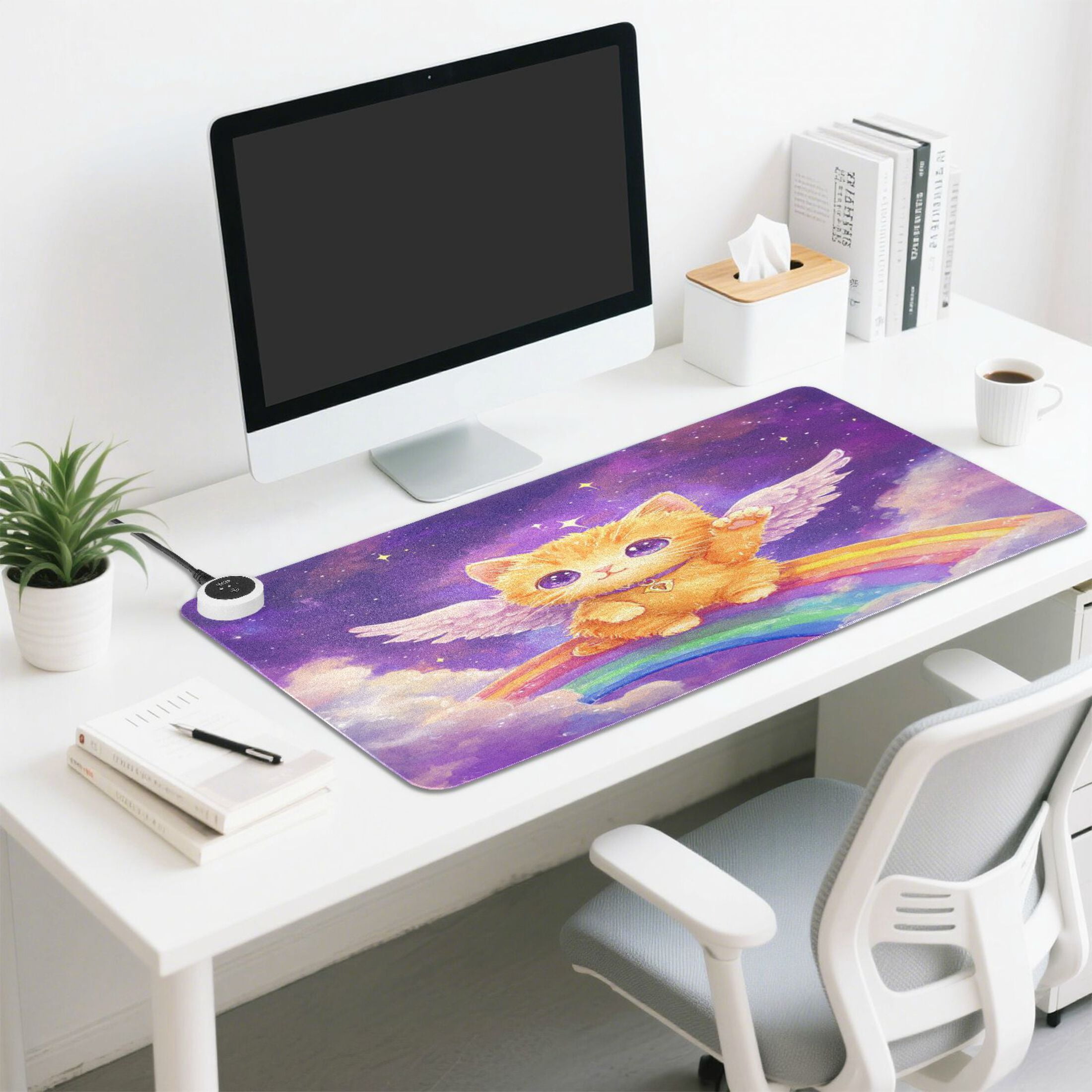 Wobogo Rainbow Angel Cat Heated Mouse Pad Extra-Large Desk Mat With 3 Heating Levels and 3-hour Auto Shut-Off Protection Ideal for Computer Keyboards Home Office Hand-warming Essential 31.5in × 13in