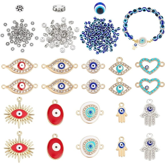 260pcs Beads Charms 8mm Resin Turkish Beads Lucky Eye Enamel Charms Rhinestone Spacer Beads for Easter DIY Jewelry Bracelet Earring Necklace Craft Making