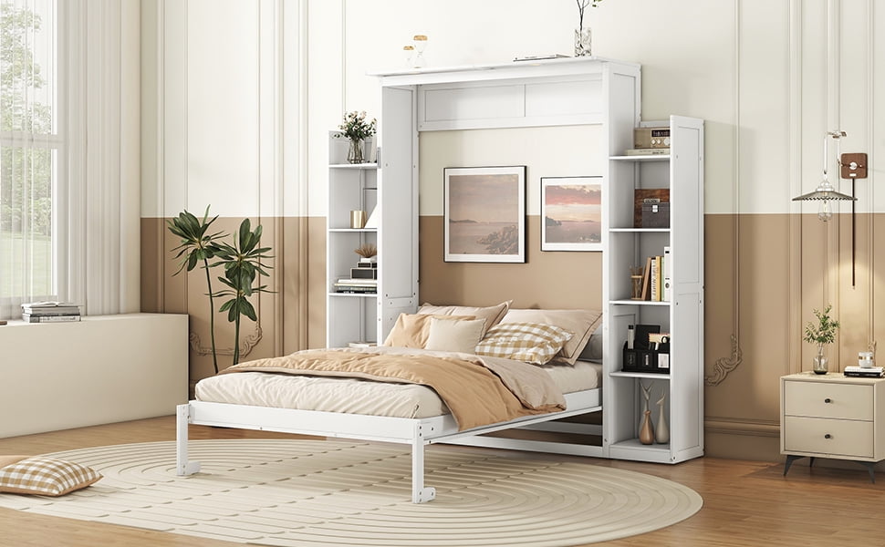 Mintazer Full Murphy Bed with Side Shelves & LED Lights, Modern Foldable Wall Bed for Bedroom Apartment Guest Room, White