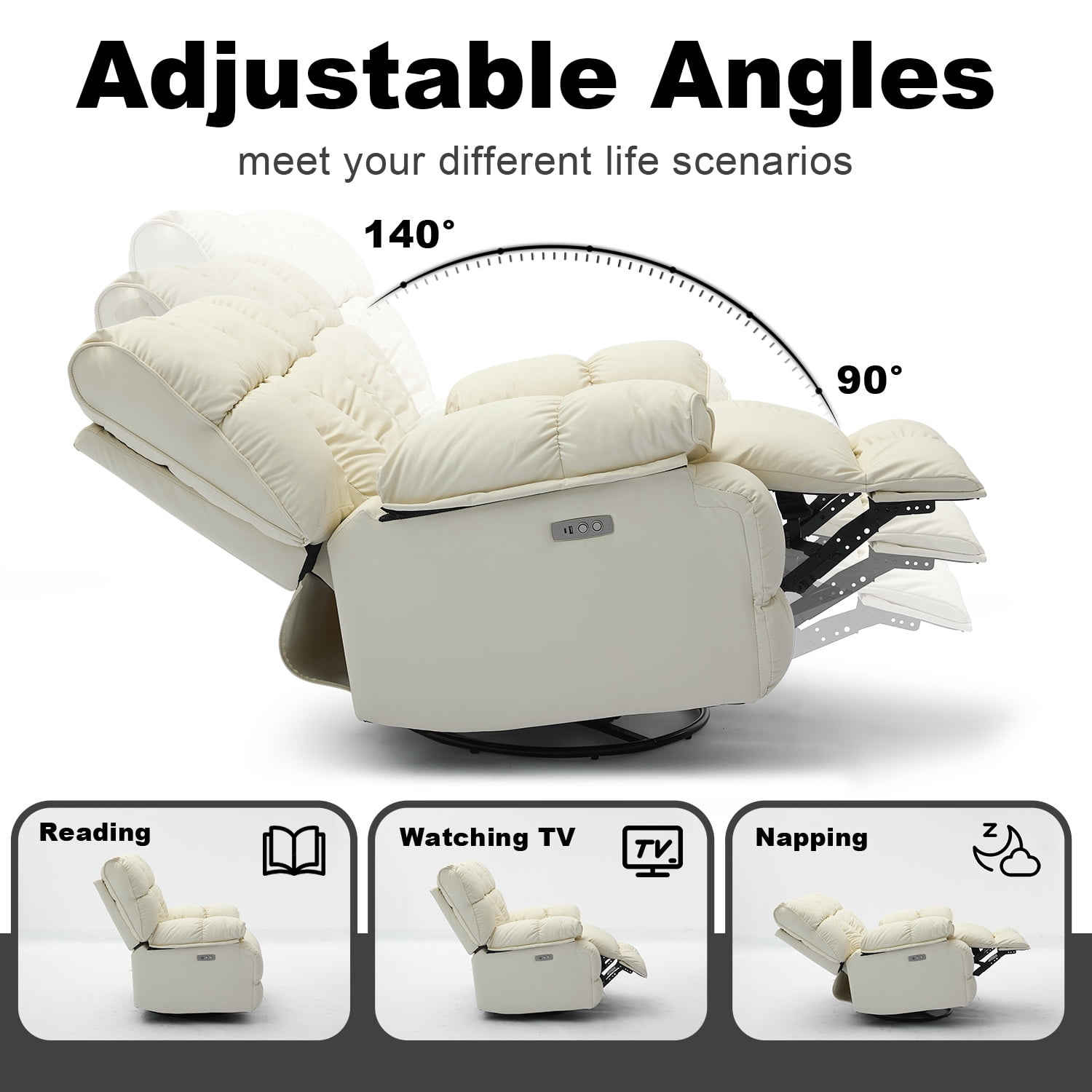 Pmango 2 Pack Pet-friendly Leather Recliner Chair Oversized, XXL Extra Wide Swivel Rocking Recliner, Nursery Single Sofa for Living Room, Electric Adjustable Reclining, USB & Type-C Port, Cream White
