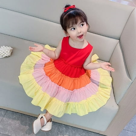 

Baby Girls Rainbow Dress Toddler Princess Sleeveless Vest Beach Sundress Summer