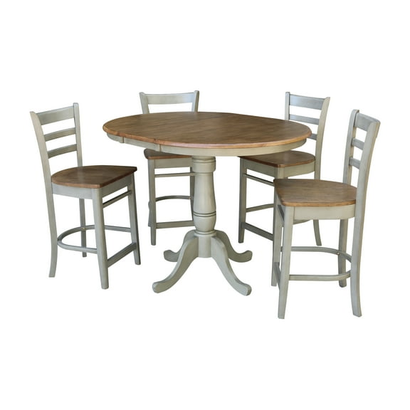 36" Round Solid Wood Extension Dining Table With 4 Emily Counter Height Stools in Distressed Hickory/Stone by International Concepts