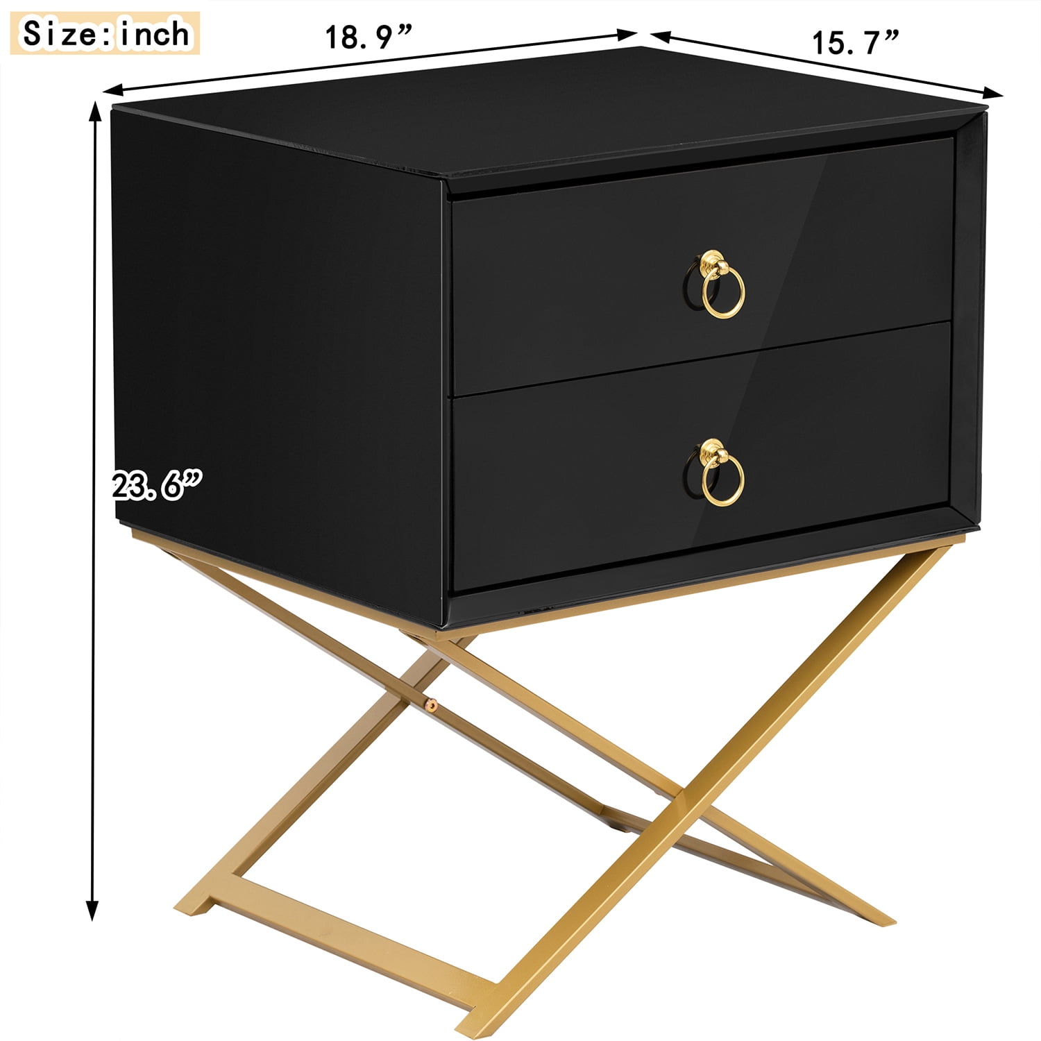 Kepooman Nightstand with 2 Drawers & Golden Handle, Storage Bedside Table, Black Kepooman Nightstand with 2 Drawers & Golden Handle, Storage Bedside Table, Black