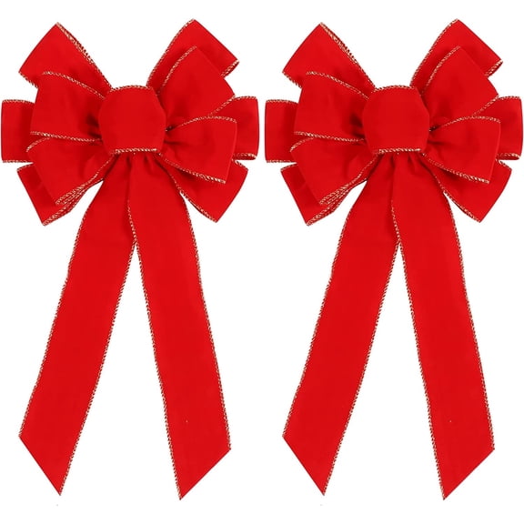 TETOU 2pcs Christmas Red Bows Outdoor Decorations, 11.4 x 19.6 Inch Large Christmas Tree Topper Bow,Velvet Wreath Bow with Glitter Gold Edge for Xmas Wreath Garland Home Fireplace Wedding Party Decor