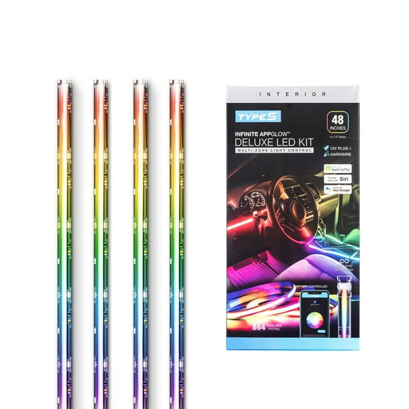 TYPE S - Infinite AppGlow Smart Interior Car LED Light Kit – 4 x 12” RGB Strips, CarPlay, Android Auto, Voice Control, Custom Presets, 12V Plug & Play