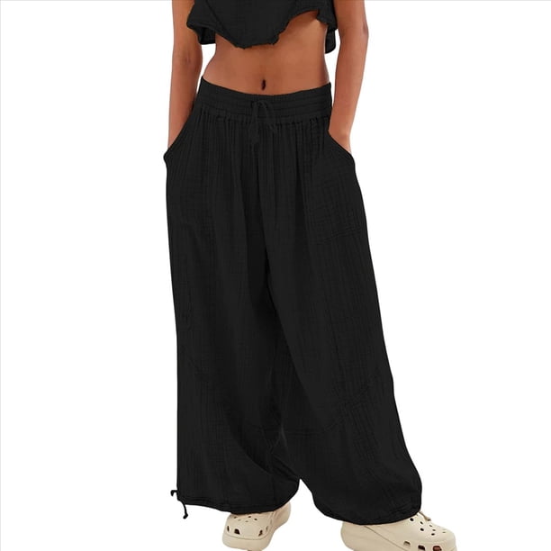 Pantalones Holgados Informales de Algodón para Mujer, de Pierna , con Costuras de Cordón y Bolsillos. Negro M