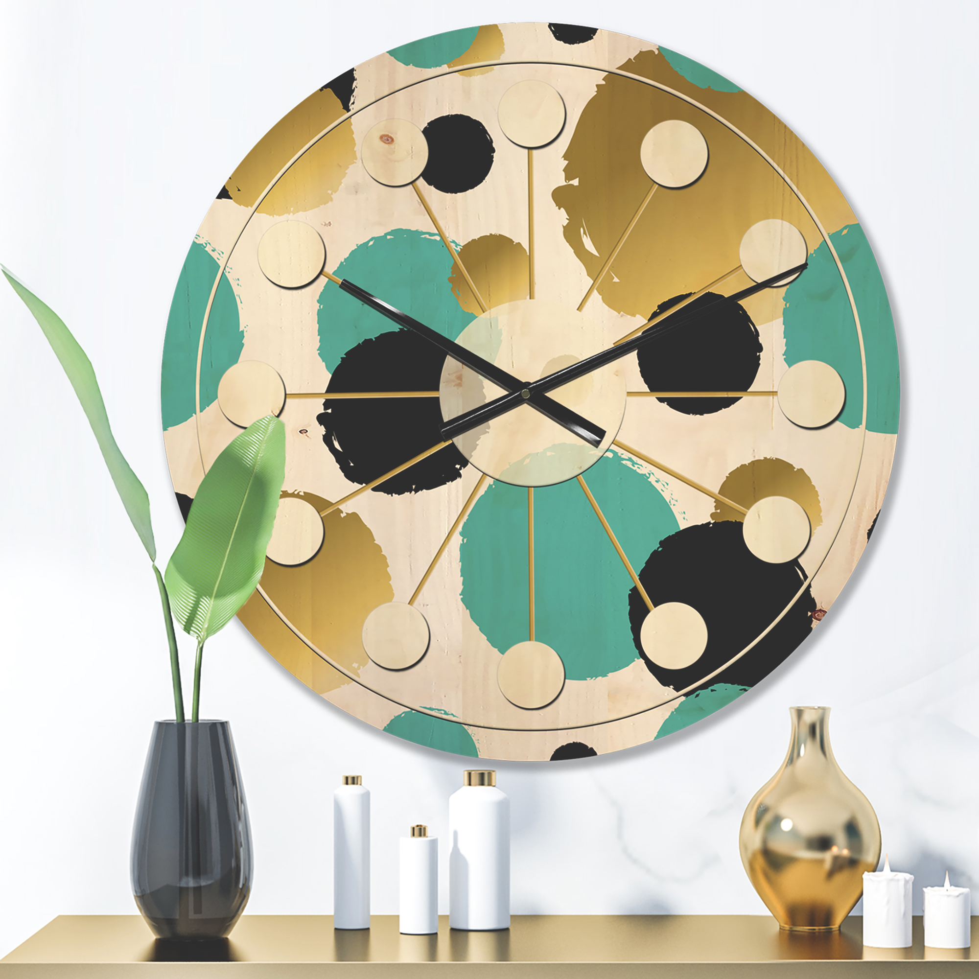 Designart 'Blue and Gold Circles ' Mid-Century Modern Wood Wall Clock