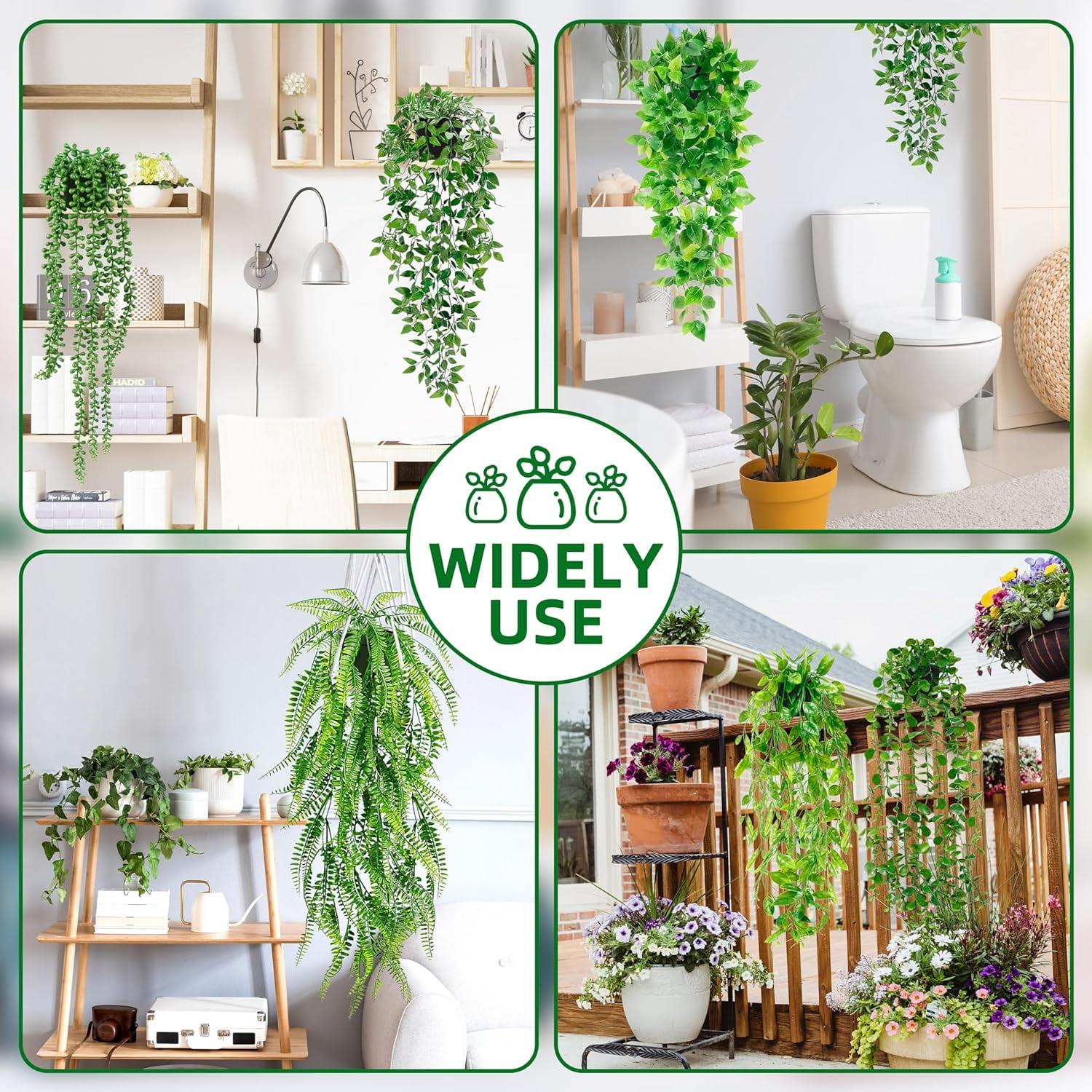 Artificial Hanging Plants for Shelf, 6 Pack Fake Potted Greenery Plant Faux Eucalyptus Vine, Mandala Vine, String of Pearls,Pea pod Leaves,Ivy Vine,Persian Grass Fern in Pot for Home Décor