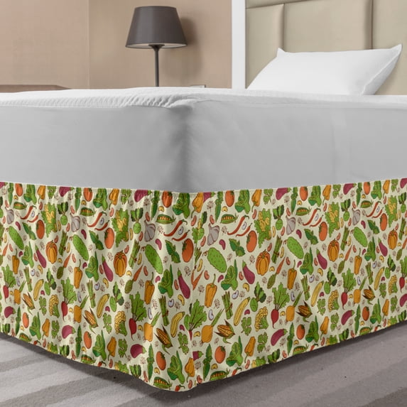 Vegetable Art Bed Skirt, Healthy Life Cooking Eggplant Pepper Corn Beans Herbs Season Natural Fresh, Elastic Bedskirt Dust Ruffle Wrap Around for Bedding Decor, 4 Sizes, Multicolor, by Ambesonne