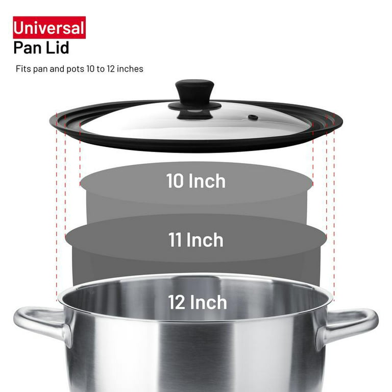 Universal Lid for Pans, Pots and Skillets Vented Tempered Glass with Graduated Rim Fits 11 inch, 12 inch, 12.5 inch Cookware Heat Resistant Handle