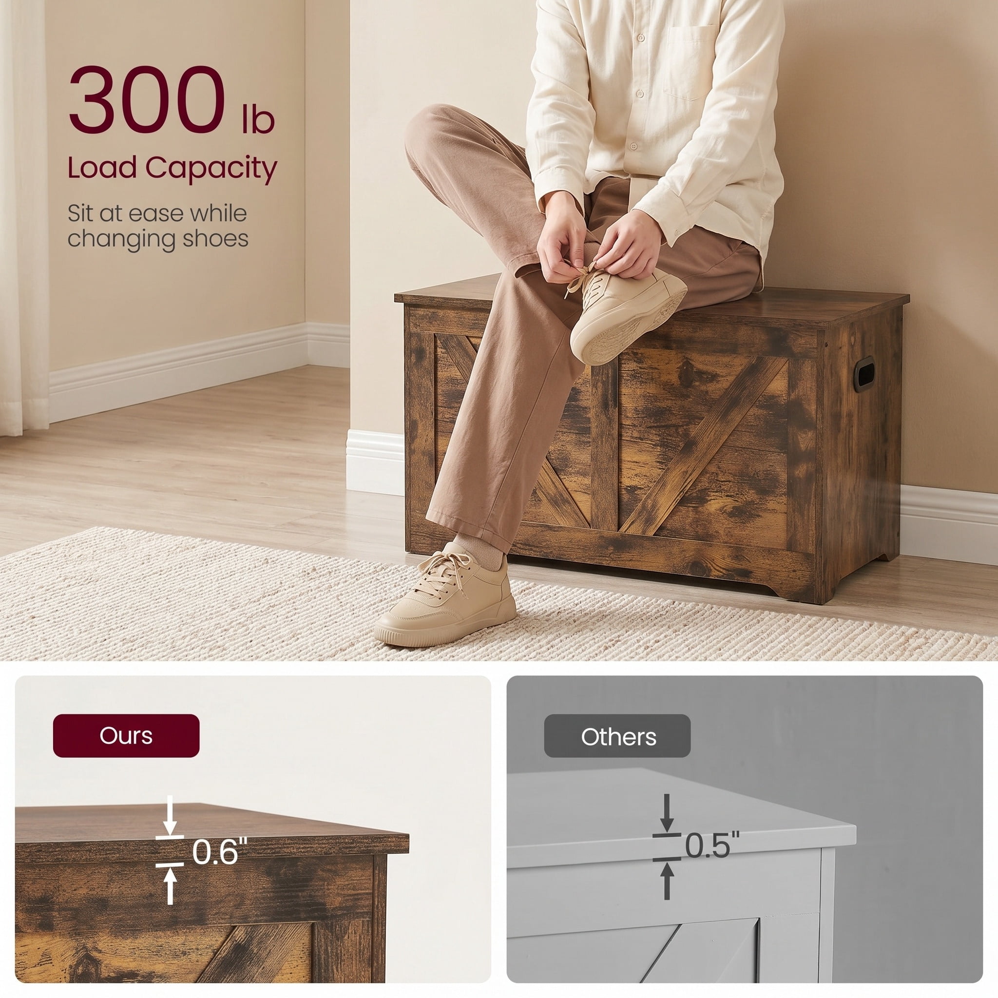 Nordic Hygge Rustic Brown Farmhouse Storage Chest with 2 Safety Hinges