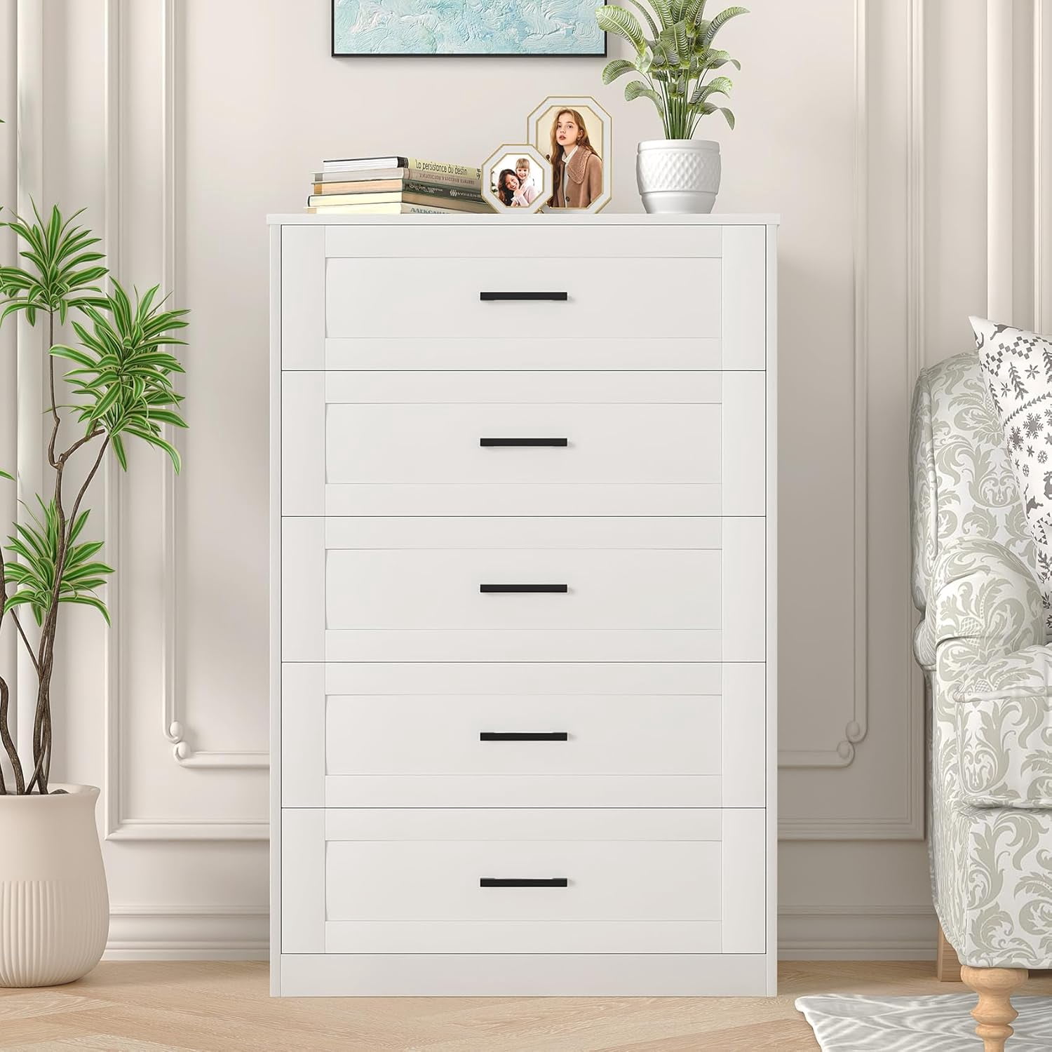 Frmobepts 5 Drawer Dresser, Vertical Dresser with Metal Handle for Bedroom Living Room, White