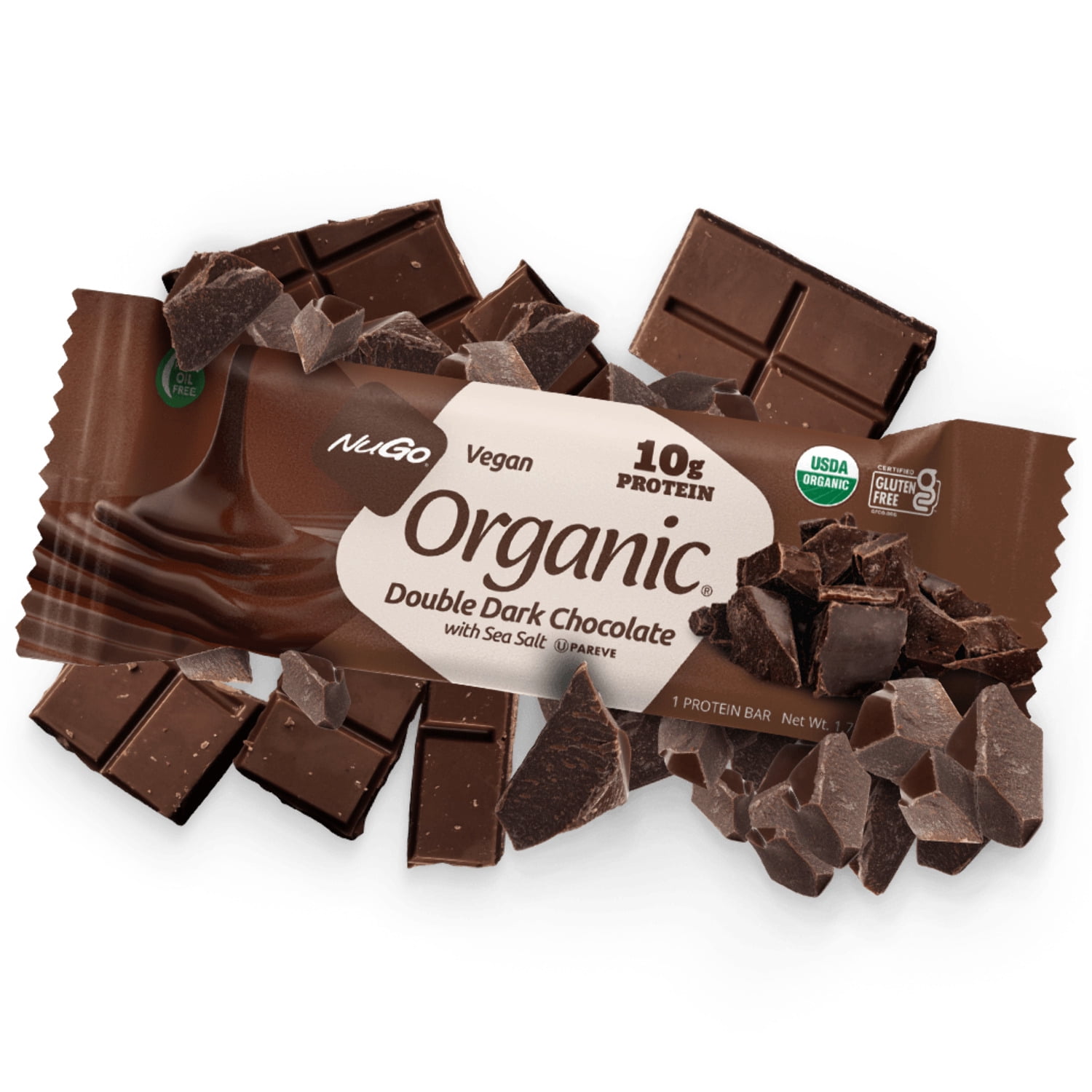 Nugo Organic Double Dark Chocolate, 10g Vegan Protein, Gluten Free, 24 count