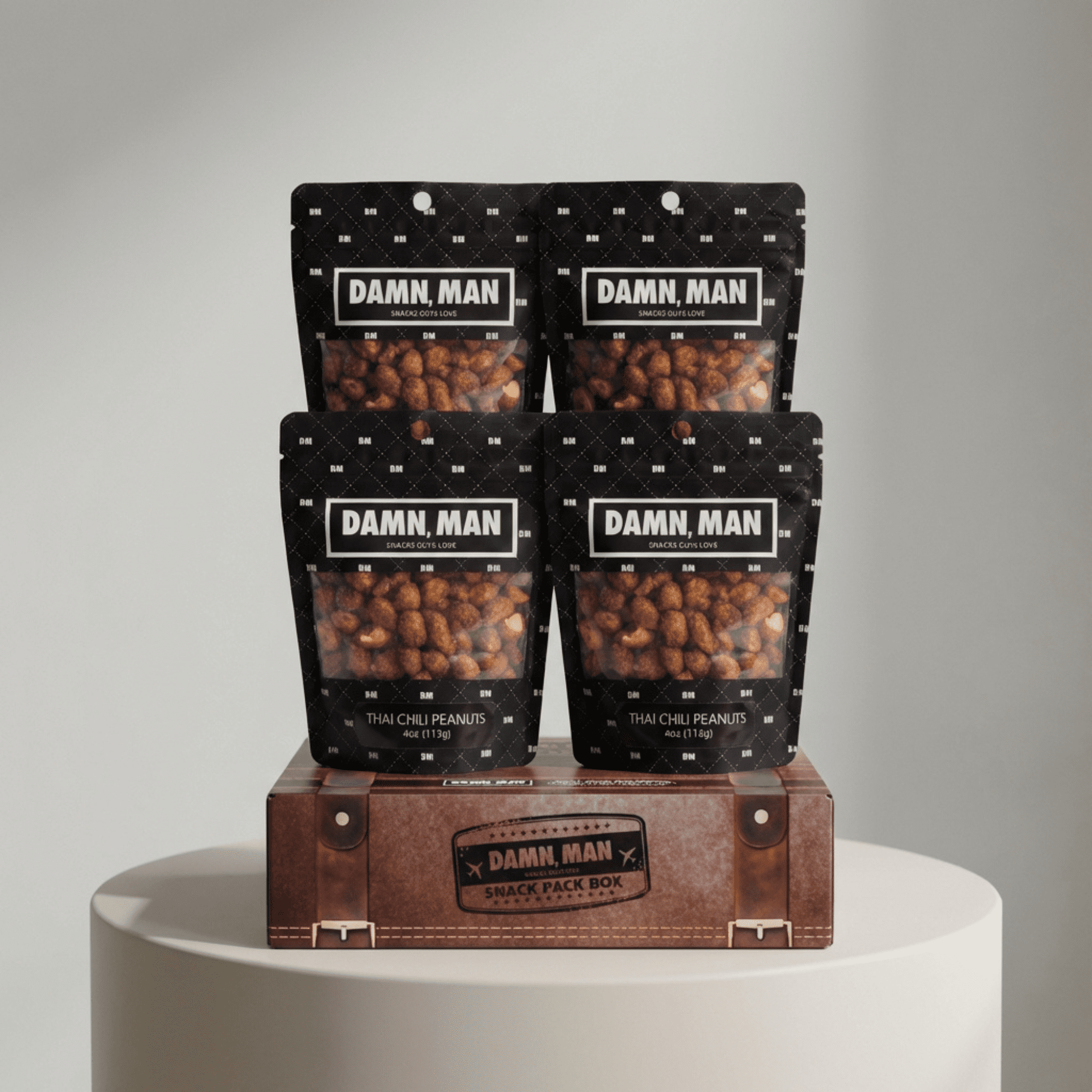 Damn, Man Thai Chili Peanuts Snack Pack Gift Box - 4 Bags Gourmet Nuts - 4 oz. Each - 1 lb Total