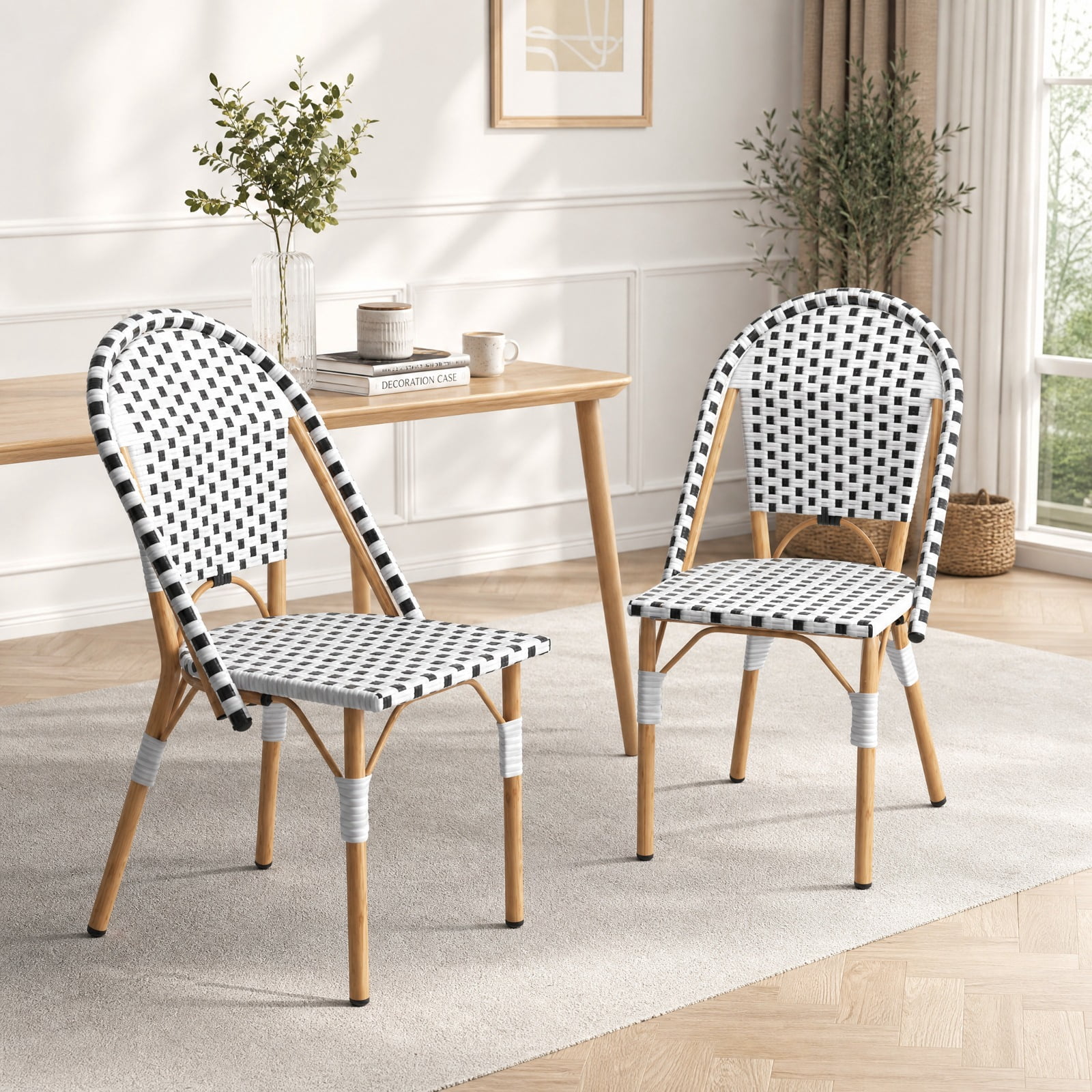 Furnibear French Bistro Chair Set of 2 with Hand-Woven PE Rattan Seats and Galvanized Metal Frame for Patio Garden and Balcony, White