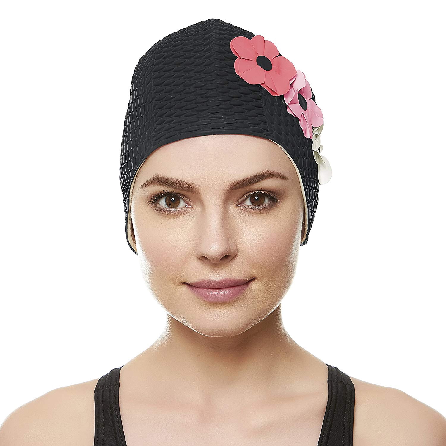 Beemo Swim Bathing Caps for Women & Girls - Retro Style Latex Bubble Crepe Swimming Hat with Tripple Flowers for Long/Short Hair