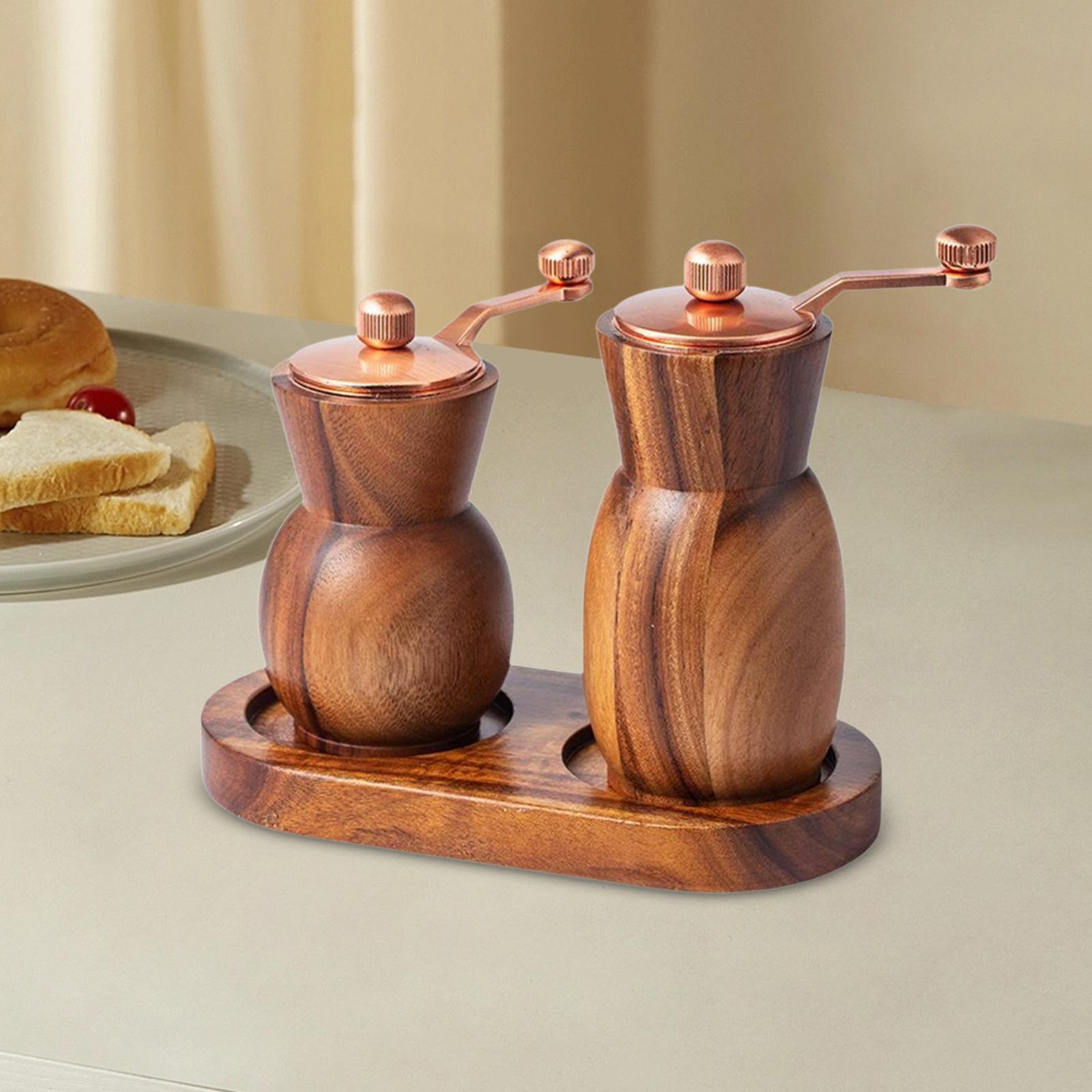 shamjina 2Pcs Wood and Pepper Shakers with Tray Sea Grinder Kitchen Gadgets