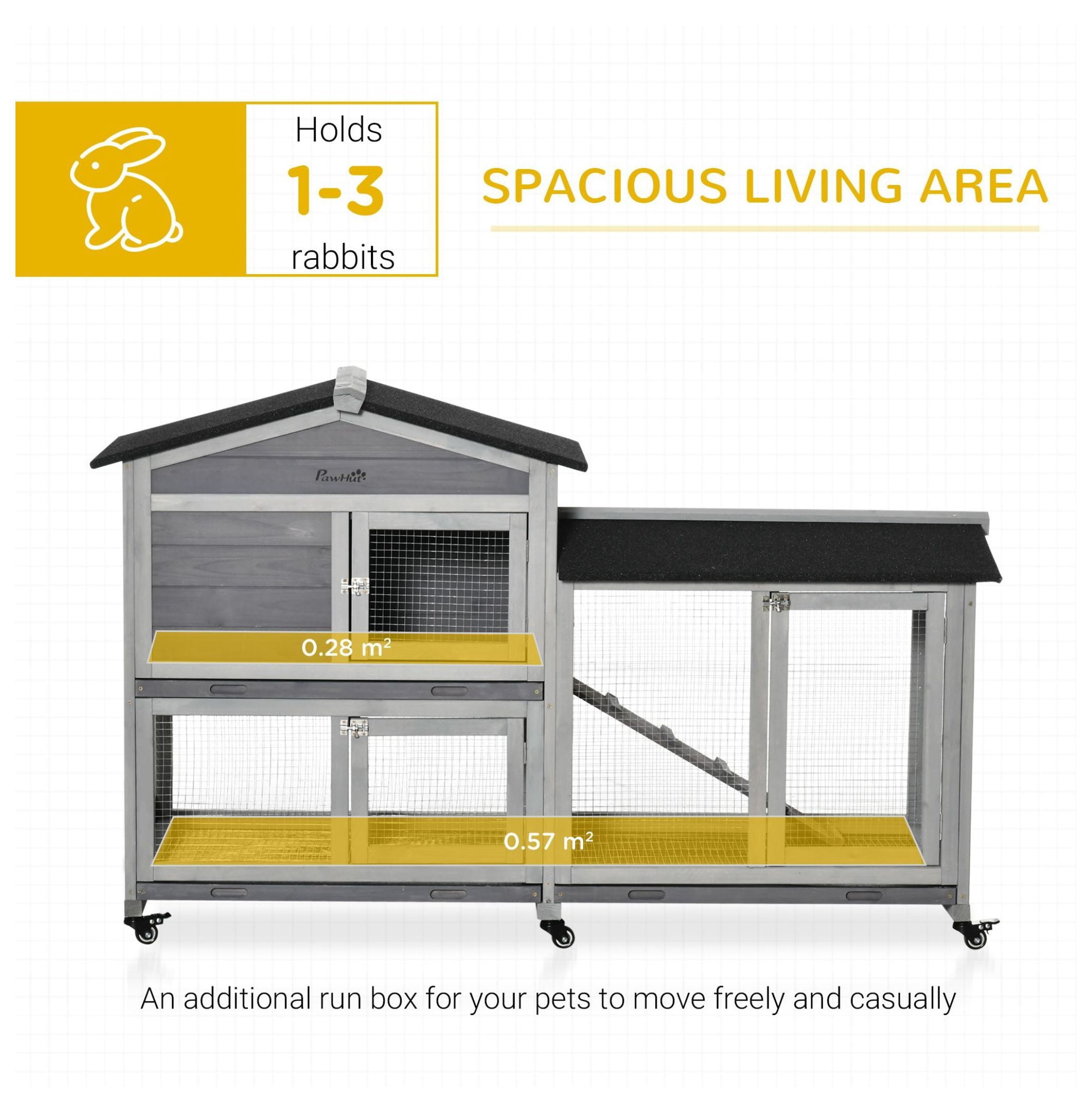 Wooden Rabbit Hutch 62" with Wheels Light Gray Bunny Cage Pet Playhouse Indoor Outdoor