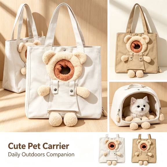 Carry Cuteness Everywhere with Pet Carrier Bag, Soft Plush Bear Design Canvas Tote, Cute Cat & Puppy Shoulder Handbag for Outdoor Travel Shopping