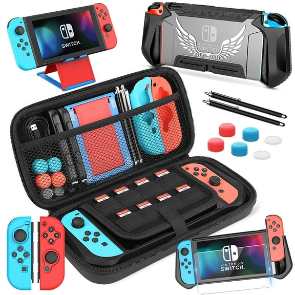 HEYSTOP Carry Case Compatible with Nintendo Switch, Upgraded 14 in 1 Switch Accessories Include Travel Case, TPU Protective Case, Screen Protector, Grip Case, Playstand, Touchscreen Pen and Thumb Cap