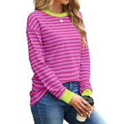 Fantaslook Striped Long Sleeve Shirts for Women Crewneck Tunic Tops Color Block Blouses Fall Pullover