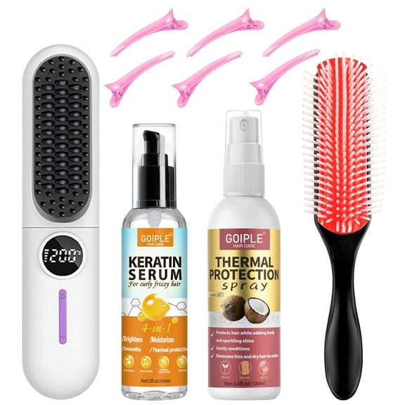 Cordless Hair Straightener Brush, Portable Travel Hair Straightener Comb Negative Ion Fast Heating Hot Comb for Women with USB-C Rechargeable Ceramic Mini Straightening Set with Protection Spary
