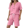 thumbnail image 2 of Costeam Womens Crinkled Gauze 2 Piece Casual Outfit Half Button V Neck Roll Sleeve Tops Elastic Drawstring High Waist Shorts with Side Pockets Breathable Summer Loungewear Matching Sets, 2 of 5