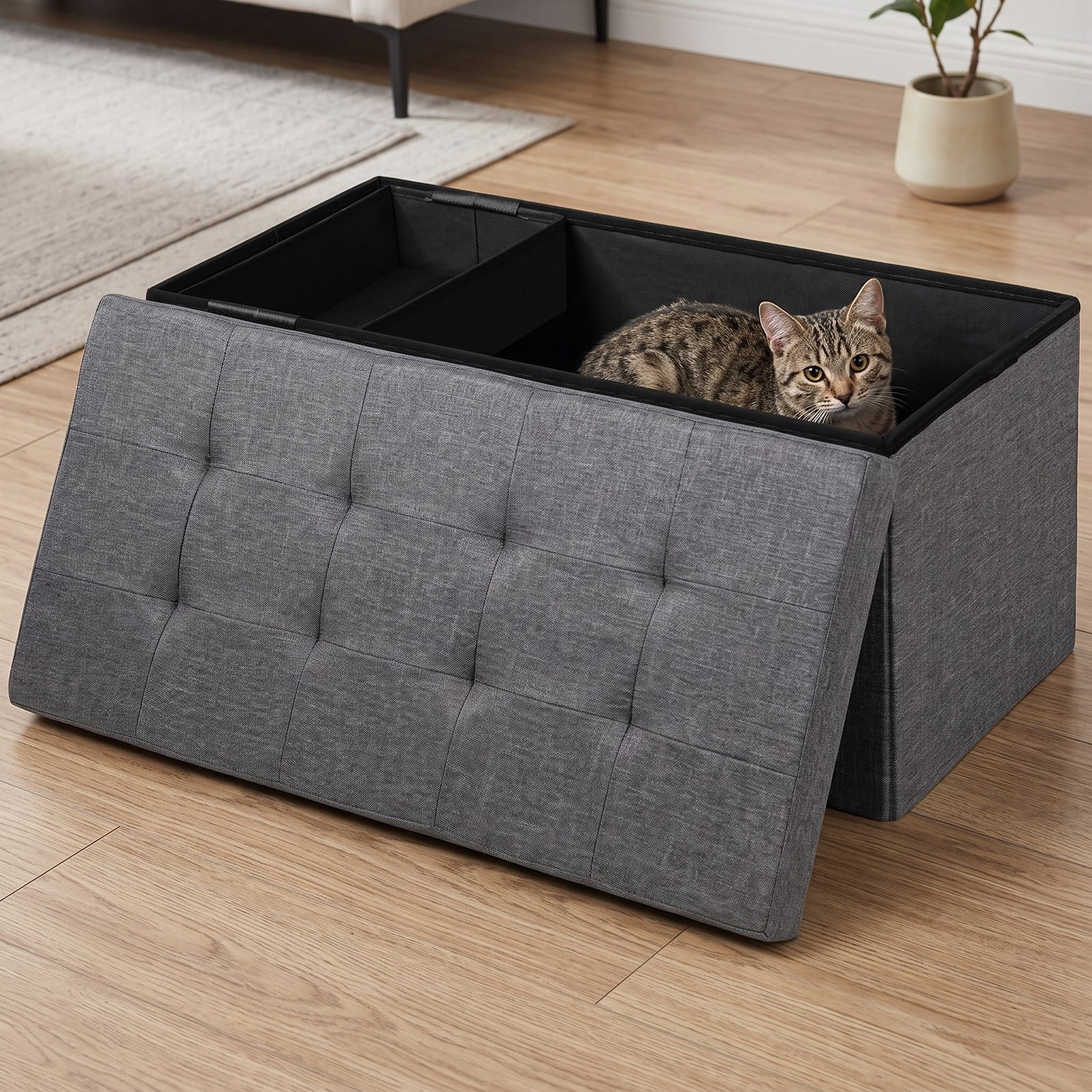 Furnibear 31.5 Inch Foldable Fabric Storage Bench Ottoman with Padded Seat and Removable Hanging Bin for Entryway, Dark Gray