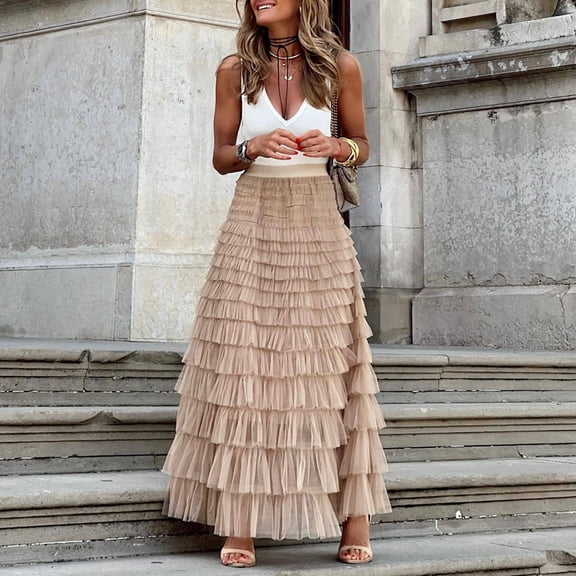 Womens Long Tulle Skirt A Line Ruffle Tiered Layered Skirts High Waisted Flowy Fairy Tutu Maxi Skirts