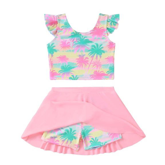 Kucnuzki 7T Big Girl Swimsuit Set 8T Child Gilrs Bathing Suit Ruffle Coconut Tree Top Swimming Skirt with Shorts 2pcs Bikini Set Summer Beach Breathable Tankini Set Pink