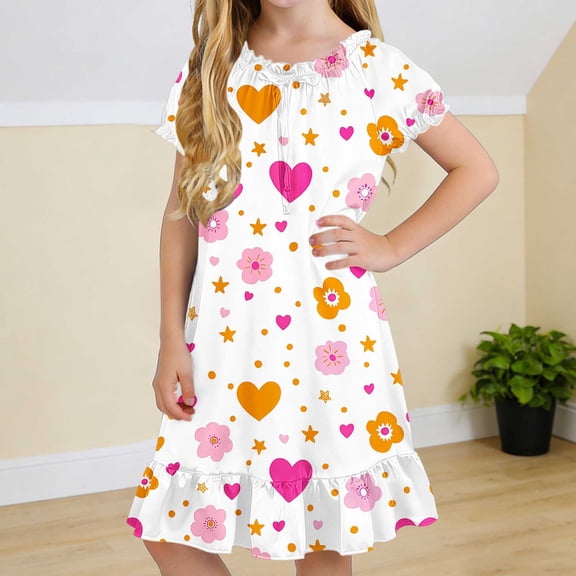 Cethrio Girls' Nightgowns Size 10-12, Summer Printed Puff Sleeve Mid-length Kids Sleep Dresses Sleepwear Multicolor Size 10