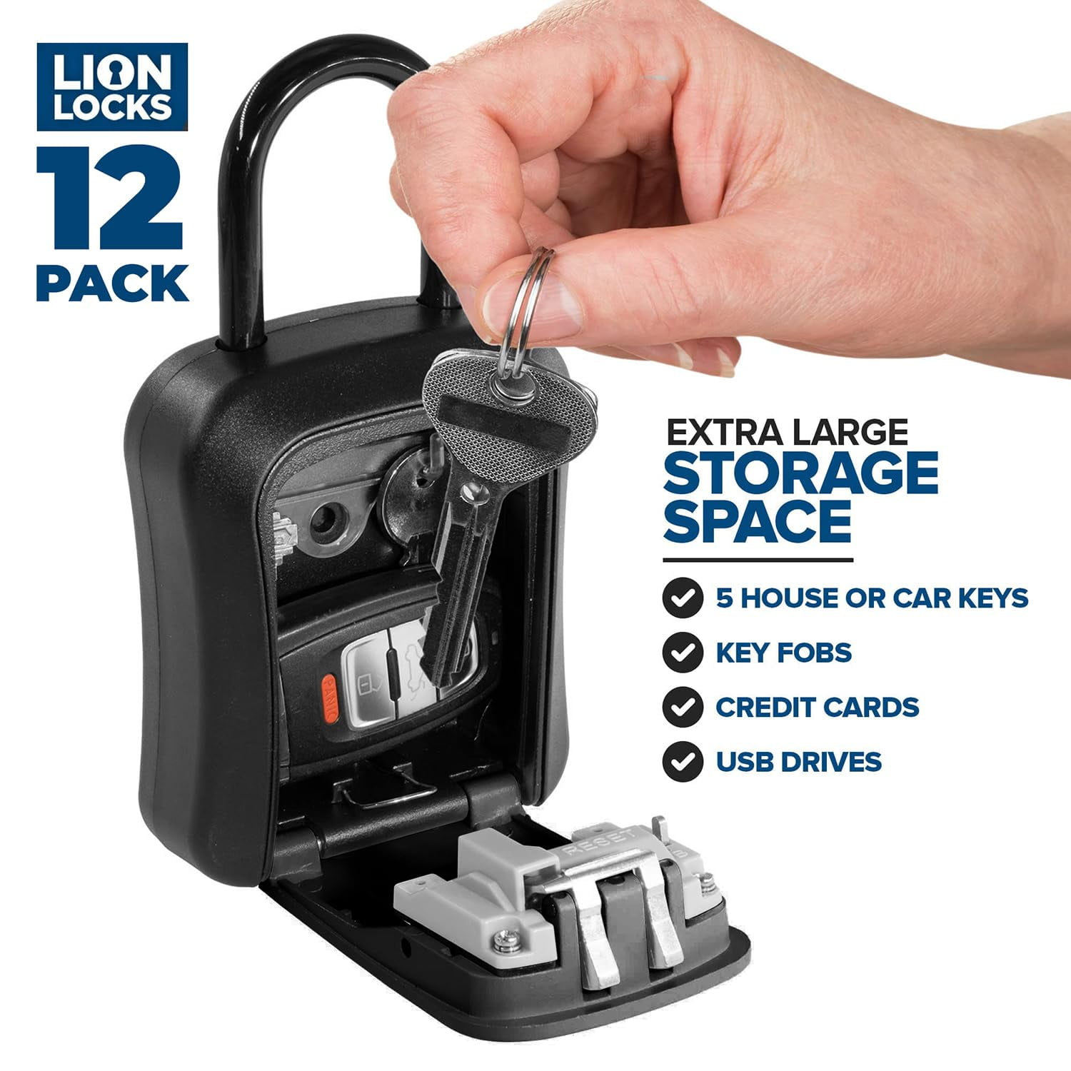 Lion Locks Key Lock Box - 12 Pack, Small Lock Box with Custom Code, Outdoor Key Safe, Hide-a-Key Lock Box for Real Estate, Airbnb, Construction, Black