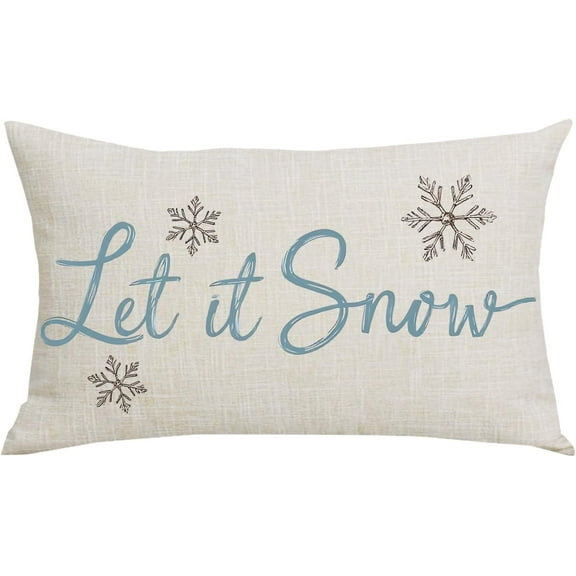 Blue Word Art Let It Snow Grey Snowflakes Winter Home Sofa Chair Bed Decoration Lumbar Pillowcase Cotton Linen Decorative Throw Pillow Cover Case Rectangular 12 x 20 Inches