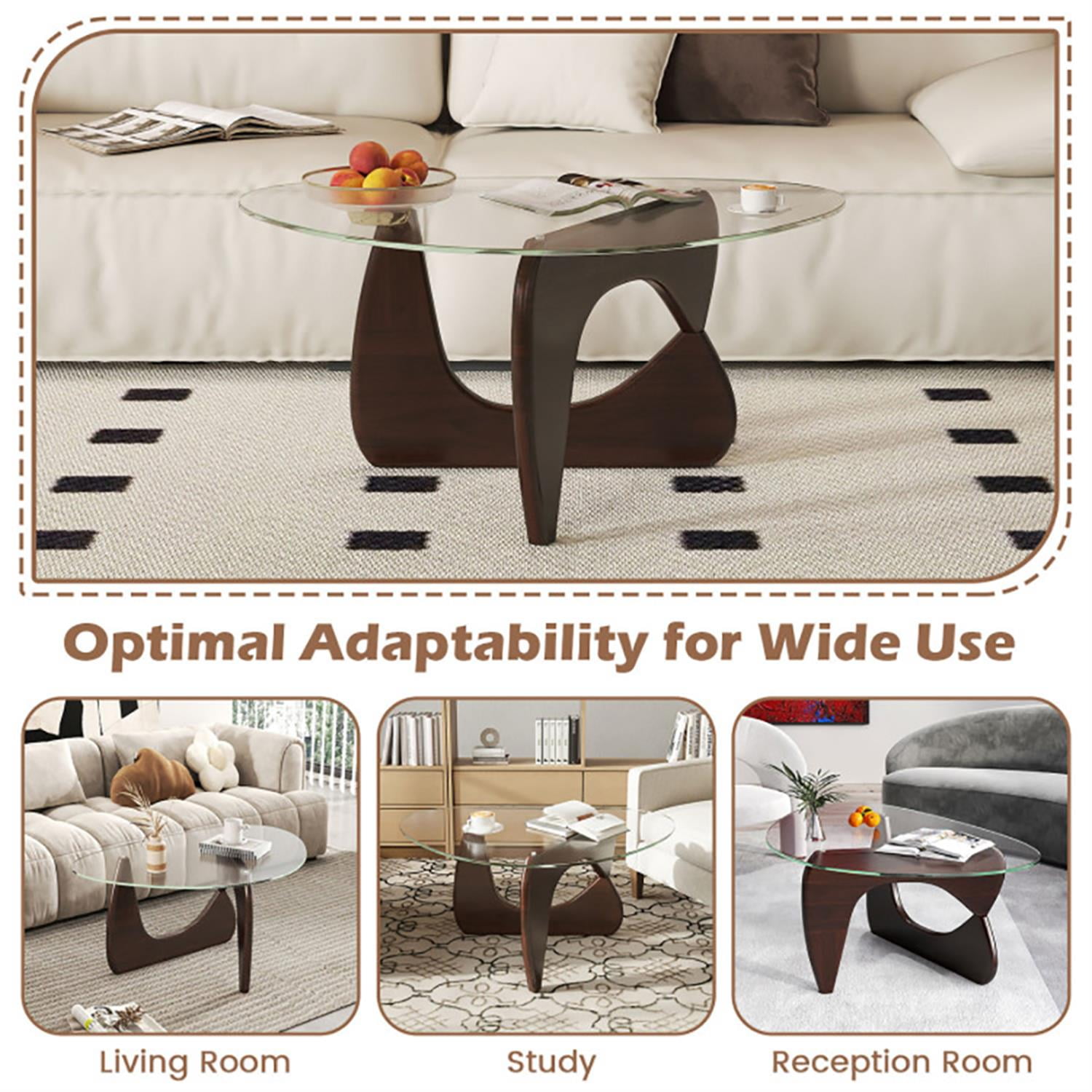 Demi Bonn Triangle Coffee Table, Dining Center Tables with Tempered Glass Top and Adjustable Rubber Wood Base for Living Room, Bedroom, Office and Balcony, Brown