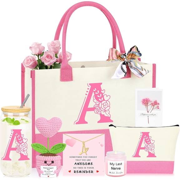 Birthday Gifts for Women, Monogrammed Initial A Mothers Day Pink Gifts Ideas for Women, Christmas Valentines Day Unique Present for Best Friend Sister Mom Aunt Daughter Basket Set of 7