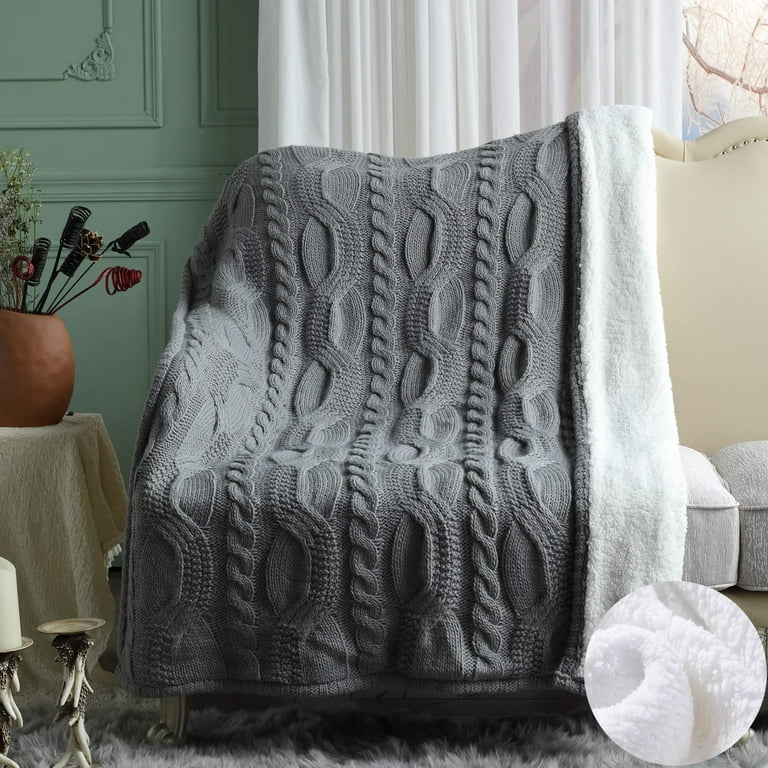 Reversible Sherpa Cable Knit Throw Blanket Soft Cozy Warm Winter Fleece Throw Blankets for Couch Bed Living Room Grey 50 x 60 Walmart